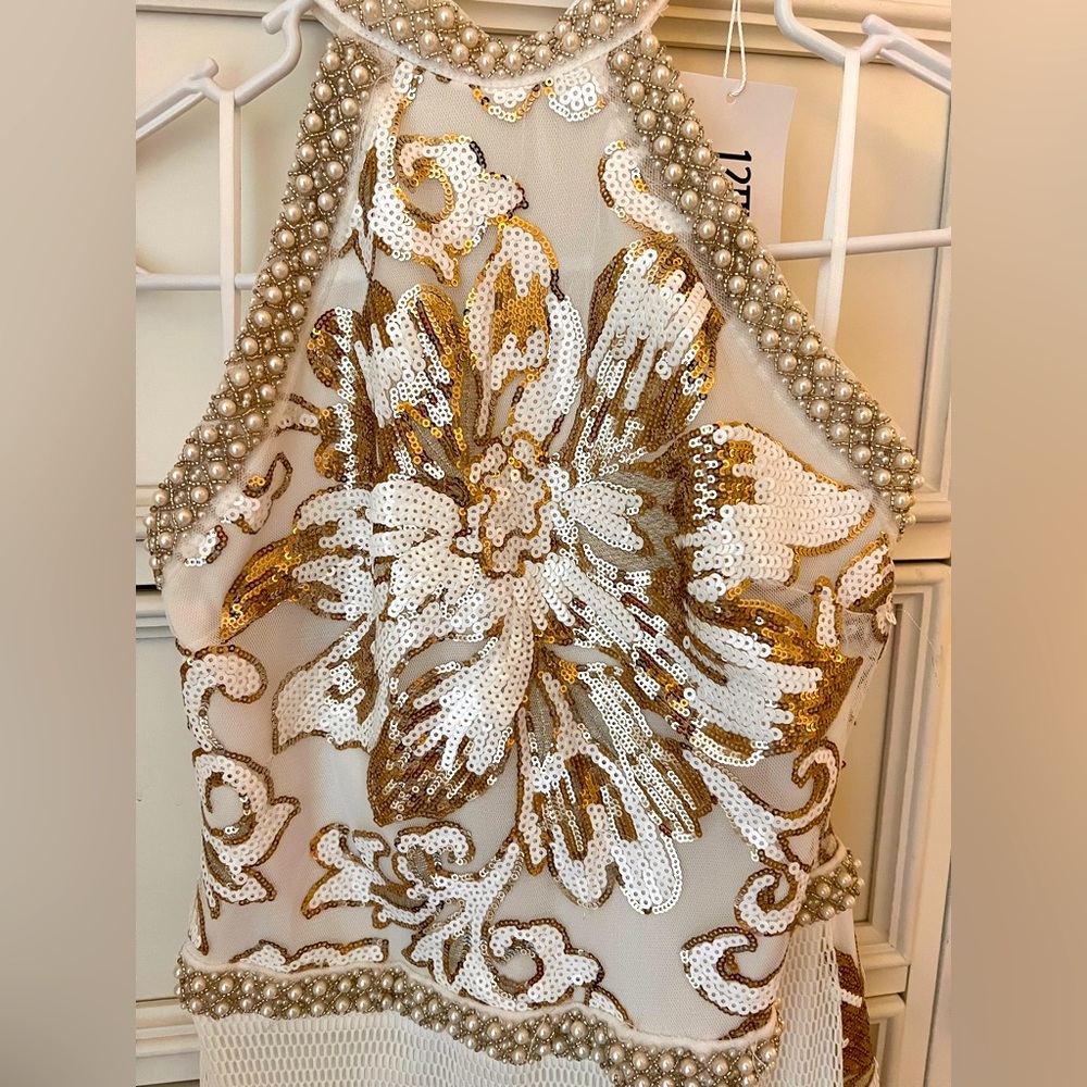 12th Tribe Like Gold Dust White Sequin Fringe Dress